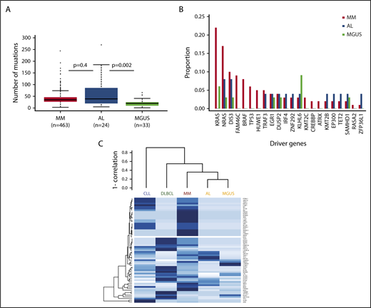 Figure 1. The mutational spectrum of amyloidosis resembles MM and MGUS. (A) Boxplot suggesting AL has more mutations than MGUS, but not a statistically different number than MM. (B) Frequencies of select driver mutations in AL, MGUS, and MM. (C) Clustering of driver mutation frequencies.