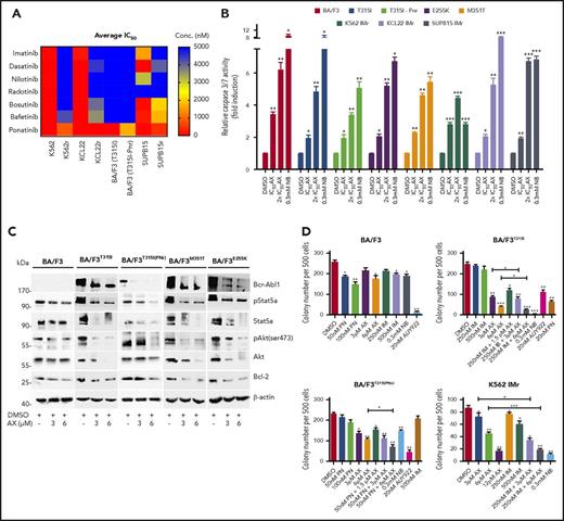 Figure 5. Efficacy of AX in TKI-resistant leukemic cell line models. (A) IM-resistant K562, KCL22, SUP-B15, and BA/F3-expressing BCR-ABL1T315I, T315I (PNr) along with their respective normal cell lines were treated with second- and third-generation TKIs (dasatinib, nilotinib, radotinib, bosutinib, befetinib, and ponatinib) at 7 different concentrations (ranging from 50 nM to 25 µM) for 72 hours. Later, the average IC50 was determined and plotted on a heat map. (B) BA/F3 cells expressing BCR-ABL1T315I, T315I (PNr), M351T, and E255K mutants, K562 IMr, KCL22 IMr, and SUP-B15 IMr cells were treated with the indicated concentration of AX (48 hours) and later enzymatic activity of caspase-3/7 were examined by caspase-3/7 dependent-Glo assay (absorbance at 405 nm). (C) Likewise, in human leukemia cell lines, AX causes downregulation of BCR-ABL1 and subsequently its associated downstream signaling pathways, including Stat5a, Akt, and Bcl-2 in BA/F3 cells expressing BCR-ABL1T315I, T315I (PNr), M351T, and E255K mutants. (D) Normal BA/F3 cells, BA/F3-expressing BCR-ABL1T315I and T3151 (PNr) mutants, and K562 IMr cells were seeded in methylcellulose medium containing respective compounds at indicated concentration after treatment in liquid medium for 24 hours. Colonies were counted after 14 days. Significance analysis of normally distributed data with variance similar between groups used paired, 2-tailed Student t test. *P < .05, **P < .005, ***P < .001.
