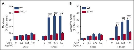 Figure 2. MV release and PS exposure in CRP-activated platelets are shear dependent and require integrin αIIbβ3. (A) MV release from wild-type (WT) or β3 knockout (KO) platelets stimulated with increasing doses of CRP (0.5, 0.75, and 1.0 µg/mL) with or without shear (shear rate 3000 s−1). (B) PS exposure on WT or β3 KO platelets stimulated with increasing doses of CRP (0.5, 0.75, and 1.0 µg/mL) with or without shear. Data are presented as mean ± standard error of the mean (n = 3-5). ****P < .0001.