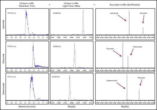 Figure 1. Determining t-mAB from M-protein by using unique parameters from liquid chromatography and mass measurements. Extracted ion chromatograph of the +24 charge state for each t-mAb with the indicated retention time (left). Corresponding accurate molecular mass of each respective t-mAb (middle). Representative examples of miRAMM results for patient samples with M-proteins comigrating with the indicated t-mAb (right).