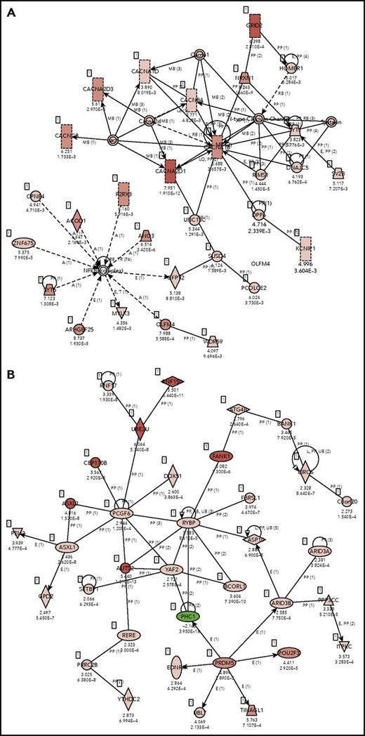 Figure 5. IPA core analysis–based associated networks. (A) normal EVs vs normal whole cells: Cell-To-Cell Signaling and Interaction, Nervous System Development and Function, Neurological Disease (score 38) and (B) ABC EVs vs ABC whole cell lines: cancer, hematological disease, immunological disease (score 30). Red represents positive enrichment, and green represents negative enrichment in the EVs compared with the respective whole cell. Links of validated genes and other genes or molecules are represented with a continuous (direct interaction) or discontinuous line (indirect interaction).