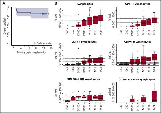 Figure 1. OS and immune reconstitution after CBT in patients with refractory aplastic anemia. (A) OS after CBT in patients with refractory aplastic anemia. Estimated 1-year OS of 88.5% (95% CI, 77-100) and 2-year OS of 84% (95% CI, 71-100 are represented, Kaplan-Meier curve). OS was similar between patients who received 1 or 2 unrelated CB units (as was the case for cumulative incidences of engraftment, aGVHD and cGVHD, and infections). (B) Reconstitution of T-, B-, and natural killer (NK)-cell subsets. All patients were systematically monitored posttransplantation for immune reconstitution at days +45 and +60, and months +3, +6, +12, and +24. T lymphocytes, CD4, CD8, B, NK lymphocytes were prospectively measured. For each time point, 25th to 75th percentiles are shown, along with the median.