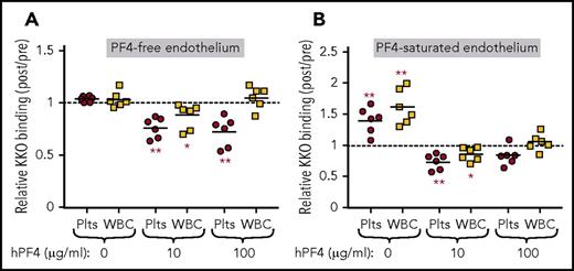 Figure 5. Effect of endothelial cells on binding of PF4 to platelets and WBCs. Whole blood from PF4null mice was flowed through a microfluidic channel coated with HUVECs that had been either previously unexposed to PF4 (A) or previously incubated with 100 µg/mL of hPF4 (B). (A-B) The infused whole blood was also preincubated with 0, 10, or 100 µg/mL of PF4, as indicated. Shown is relative cell-surface HIT antigenicity detected using KKO on platelets (red circles) or WBCs (yellow squares) after traversing the channel compared with results before entering the channel. N = 6 separate studies per arm, each in duplicate. *P < .01, **P < .001 with values determined using analysis of variance of calculated values against a hypothetical value 1 = no change (dashed horizontal line).