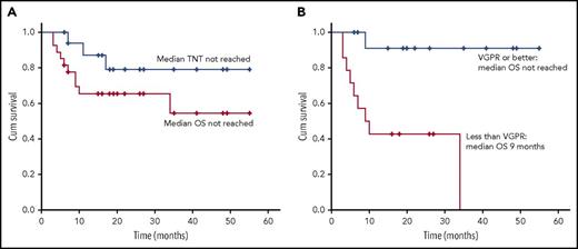 Figure 1. OS and TNT. (A) OS on an ITT basis (n = 27) and TNT on an evaluable basis (n = 17). Median OS and median TNT were not reached. OS at 1 and 3 years was 65% and 56%, respectively. At 1 and 3 years, 88% and 79% of evaluable patients (n = 17) had not progressed to further treatment. (B) Median OS was not reached in those patients who achieved a VGPR or better, with 92% alive at 2 years; median OS was 9 months in patients who did not achieve a VGPR. Cum survival, cumulative survival.