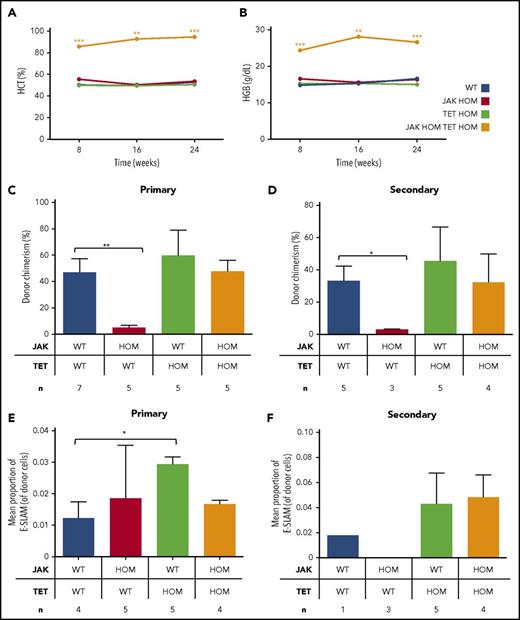 Figure 4. Double JAK/TET mutant cells have a clonal advantage and result in a sustained myeloproliferative phenotype in transplantation. Bone marrow transplantations were performed, and peripheral blood was analyzed for donor cell chimerism and blood parameters. Only recipients of double-mutant bone marrow have persistently high hematocrit (A) (P < .01 at 16 weeks) and hemoglobin (B) (P < .01 at 16 weeks). Donor cell chimerism at 16 weeks in primary (C) and secondary (D) transplantations is displayed. Whereas JAK2V617F cells (red bars) are less competitive relative to WT cells (blue bars; P < .01), those with a single TET mutation (green bars) or double mutants (JAK HOM TET HOM, orange bars) were similar to WT cells, indicating no deficiency in self-renewal. (E-F) Mean proportion of E-SLAM HSCs in donor cells in bone marrow, 24 weeks posttransplantation, from primary (E) and secondary (F) recipients. In double-mutant recipients, E-SLAM numbers were not different compared with WT, whereas JAK2 single-mutant recipients have lost both phenotypic and functional HSCs.