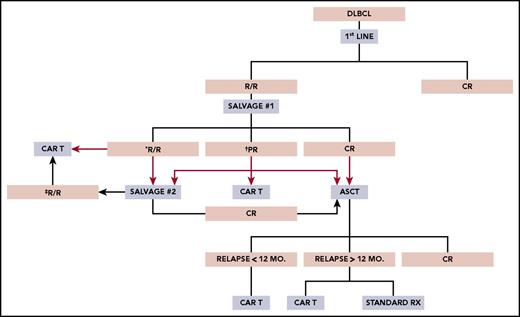 Figure 1. Proposed schema for use of anti-CD19 CAR T-cell therapy in clinical practice. PR, partial response; Rx, treatment. *Proceed to salvage 2 or CAR T-cell therapy. †Proceed to salvage 2, CAR T-cell therapy, or ASCT. ‡Proceed to CAR T-cell therapy ± salvage 3.