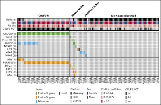 Figure 2. Heat map showing kinase alterations identified in SR Ph-like ALL. Data are shown for 110 Ph-like ALL patients with material available for testing. The Ph-like coefficient was obtained from the LDA card using an algorithm including 8 genes that are highly expressed in Ph-like ALL.