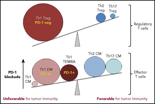 T-cell subsets within the Hodgkin lymphoma tumor microenvironment tip the balance away from tumor immunity. In comparison to reactive lymph nodes and tonsils, T cells infiltrating cHL tumors have marked expansions in T-cell subsets that can suppress tumor-specific killing (Treg cells, PD-1 low/negative; >10-fold expanded) and EM CD4+ T cells with PD-1 intermediate/high expression (Th1 EM, Th1 TEMRA; >fivefold expanded), rendering them sensitive to the suppressive effects of the high levels of PD-L1 expressed by HRS cells. The effectiveness of PD-1 blockade in cHL may rely on the release of these effector CD4+ T-cell populations from PD-L1-mediated suppression, achieving tumor control presumably via class II MHC-mediated cytotoxicity. CM, central memory. The figure has been adapted from Figure 7C in the article by Cader et al that begins on page 825.