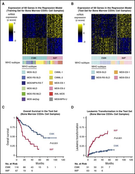 Figure 3. Validation of the prognostic significance of the subgroups in the test set for bone marrow CD34+ cell samples. (A) Heatmap showing expression levels of 68 genes in the regression model for 100 patients with bone marrow CD34+ cell samples. Each row represents 1 gene, and each column represents 1 sample. Gene expression–based subgroups, WHO subtypes, and patients’ prognosis are shown below the heatmap. (B) A heatmap shows expression levels of 68 genes in the regression model for an independent cohort of 183 patients with MDS. (C) Rates of overall survival in the 2 subgroups for the test set of bone marrow CD34+ cell samples. (D) Cumulative incidence of leukemic transformation in the 2 subgroups for the test cohort of bone marrow CD341 cell samples.