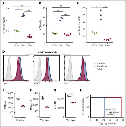 Figure 6. Everolimus suppresses mTOR signaling and improves survival in mice transplanted with tgRhoA; Tet2-deleted tumor cells. (A) Spleen weight as percentage body weight in Nod.SCID.IL2rɣ−/− mice. Control (Cont) mice were euthanized 14 days after injection with 500 000 cells from tumor 1. The remainder of the cohort was dosed with daily gavage of 10 mg/kg Everolimus (Ever) or vehicle (Veh) daily for 5 consecutive days until they were euthanized for analysis 2 hours after the final dose. Quantification of the percentage (B) or absolute number (C) of CD4+ cells present in the spleens of mice. (D) Intracellular flow cytometric analysis of pAkt and mTORc1 signaling components pS6 and p4EBP1 in splenic CD4+ cells from everolimus-treated (red) or vehicle-treated (blue) mice. Control peaks are from unstained vehicle CD4+ cells. All histograms display frequency of events as percentage of cells within the population indicated. (E-G) Mean fluorescence intensity from replicates of indicated phosphoproteins. All P values from t test with Welch’s correction. (H) Overall survival of recipients of tgRhoA; Tet2fl/fl; Vav-Cre+; OT-II tumor cells treated with either daily oral gavage of 10 mg/kg everolimus or vehicle from days 14 to 34 (indicated by black bar) after transfer. Each group consisted of 4 mice. P value from Mantel-Cox test.