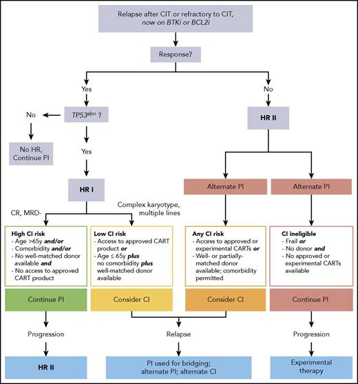Figure 2. Decision tree for therapy of chemoimmunotherapy-resistant untransformed CLL according to the revised high-risk concept. *Additional factors to be taken into account when considering cellular therapy. HR, high risk; TP53abn, TP53 abnormality.
