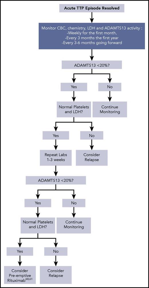 Figure 2. Approach to patient follow-up after initial diagnosis of iTTP. CBC, complete blood count; LDH, lactate dehydrogenase.