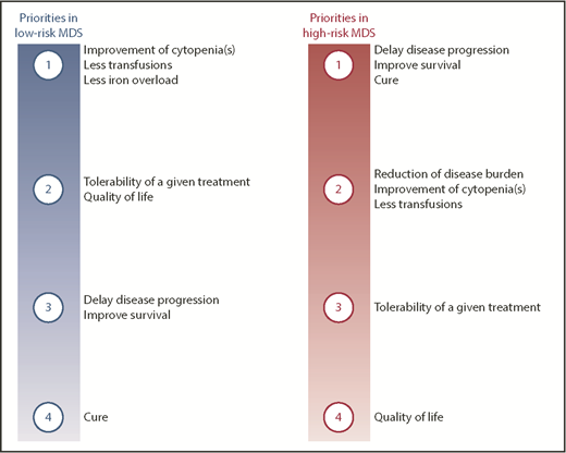 Figure 1. Priorities of therapeutic interventions in patients with MDS according to disease stage. Ranking of potential goals of care in patients with either low- or high-risk MDS.