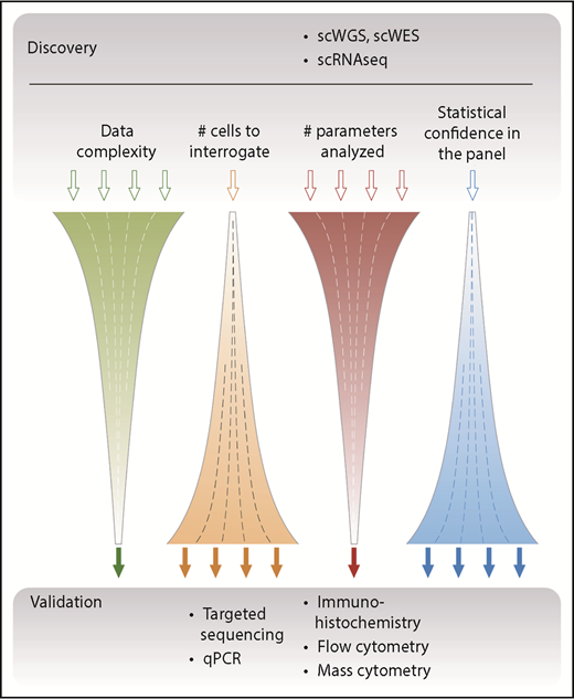 Figure 2. Overview of single-cell–based discovery vs validation approaches. Single-cell approaches such as WGS or WES and single-cell RNA sequencing (scRNAseq) aim to capture information across several parameters and to yield an unbiased global assessment of the genome and transcriptome; hence, they are suitable for discovery. Because of the relatively high cost of generating these complex data, a typical study design focuses these assays on relatively few samples composed of a limited number of single cells. Conversely, targeted approaches use defined primers or antibodies to screen a limited number of parameters but with high sensitivity and statistical confidence. These assays have typically been used as a validation approach, which has the advantage of assessing many more independent patient samples. qPCR, quantitative polymerase chain reaction; scWGS, single-cell WGS.