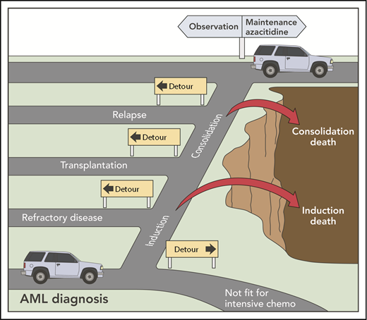 The hazardous and detour-laden road to maintenance therapy in AML. chemo, chemotherapy. Professional illustration by Patrick Lane, ScEYEnce Studios.