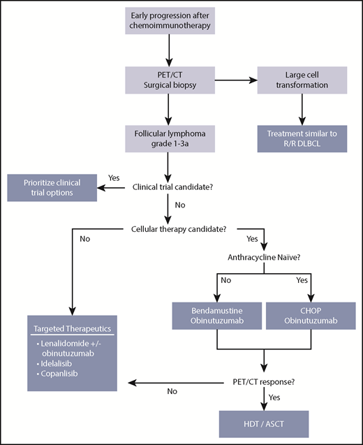 Figure 2. Our approach to treating patients with FL and early relapse. ASCT, autologous stem cell transplantation; DLBCL, diffuse large B-cell lymphoma; HDT, high-dose therapy; R/R, relapsed/refractory.