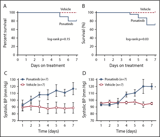 Figure 1. Survival and blood pressure according to treatment assignments. Kaplan-Meier curves illustrate survival after initiation of ponatinib (30 mg/kg per day) or vehicle (sham treatment) in wild-type C57Bl/6 mice (A) and ApoE−/− mice on a WSD (B). Tail-cuff systolic blood pressure was measured in awake wild-type (C) and ApoE−/− mice on a WSD (D) in animals that were acclimatized to the procedure prior to initiation of therapy. *P < .05 vs vehicle. BP, blood pressure.