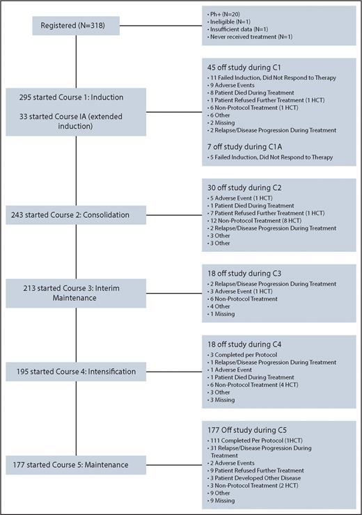 This figure is a graphical representation of enrollment, treatment, and follow-up of the 318 patients registered to CALGB 10403.