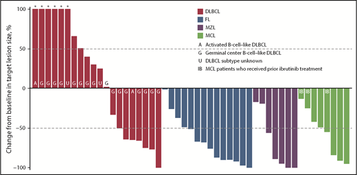 Figure 3. Monotherapy best percentage change from baseline in target lesion size. Data for 3 patients with DLBCL, 2 with MZL, and 1 with MCL are not shown because of nonmeasurable disease at baseline or no valid postbaseline target lesion measurements. *Best percentage change from baseline in target lesion size more than 100%.