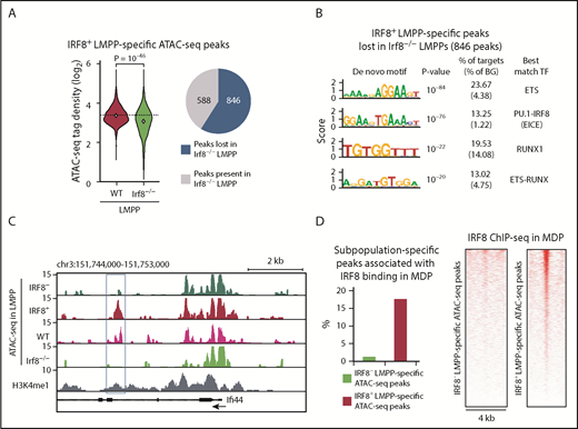 Figure 6. IRF8 governs the chromatin accessibility of DC lineage enhancers in IRF8+ LMPPs. ATAC-seq analyses were performed in WT and Irf8−/− LMPPs. IRF8+ LMPP-specific 1434 ATAC-seq peak regions detected in WT LMPPs were analyzed. (A, left) ATAC-seq tag-densities of the peak regions in WT and Irf8−/− LMPPs are shown in violin plots. Student t test was performed for statistical significance. (A, right) The presence or absence of the 1434 ATAC-seq peaks were judged in Irf8−/− LMPPs. (B) De novo motif analysis of IRF8+ LMPP-specific peaks lost in Irf8−/− LMPPs (ie, 846 peaks). (C) Genome browser image of ATAC-seq data at the Ifi44 gene locus. Blue rectangle indicates an IRF8-dependent IRF8+ LMPP-specific peak. (D, left) Overlap between LMPP subpopulation-specific ATAC-seq peaks and IRF8 ChIP-seq peaks in MDPs. (D, right) Heat maps of IRF8 binding in MDPs at the LMPP subpopulation-specific ATAC-seq peak regions. Each horizontal line represents the density of IRF8 ChIP-seq tags in the 4-kb region centered on the ATAC-seq peak summit.