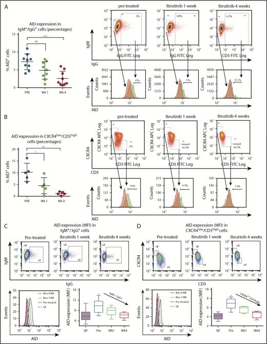 Figure 3. Analysis of AID expression in B cells from ibrutinib-treated patients with CLL. PBMC samples from patients with CLL before and after 1 and 4 weeks of ibrutinib in vivo therapy were studied by flow cytometry to measure intracellular AID protein. Leukemic cells were discriminated by gating lymphocytes and by labeling CD19 plus CD5. Expression of AID as percentage of positive cells in the proliferative CD19+/IgM+/IgG+ subset compared with IgM+/IgG- quiescent cells or from proliferative CD19+/CD5high/CXCR4low vs CD19+/CD5low/CXCR4high quiescent cells for treatment at 3 times. (A) Results for the IgM+/IgG+ subset in the whole group of patients evaluated (left graphic) and 1 representative cytometry data (right graphic). The corresponding median values were 7.2% pre- and 2.5% at week 4 posttreatment (mean difference, 4.7%; 95% CI, 2.3-7.2; P = .0007, 1-way ANOVA, multiple comparisons test). Nonsignificant differences were found between pre- and 1 week posttreatment samples (P = .810). Right panel shows representative dot plots of the gates constructed to select the subsets and from where the histograms of AID expression were obtained. PF and QF are depicted in green and red, respectively. (B) Results for the CXCR4 low/CD5 high fraction in the whole group of patients evaluated (left graphic) and 1 representative cytometry data (right graphic). Significant differences were found comparing pr-treatment mean (10%) vs mean posttreatment at week 1, 4.5%; (mean difference, 5.68%; 95% CI, 0.91-10.45; P = .278) and vs week 3, 1.13% (mean difference, 9.5%; 95% CI, 4.3%-13.8%; P = .0016 by 1-way ANOVA, multiple comparisons test). PF and QF are depicted in green and red, respectively. (C-D) MFI AID expression on the quiescent and proliferative subsets CD19+IgM+IgG+ compared with IgM+/IgG- quiescent cells or from proliferative CD19+/CD5high/CXCR4low vs CD19+/CD5low/CXCR4high quiescent cells, at the points indicated. Intracellular staining of AID as MFI was evaluated. Shown are representative dot plots and gate criteria (higher graphics), as well as AID histograms of cytometric MFI shifts with treatment (lower left graphic) for a single patient. The statistics of the whole cohort evaluated are shown in the lower right graphics. The mean of cells expressing AID in IgM+/IgG+ PF at pretreatment was 9.7 MFI vs 6.0 MFI at week 4 (mean differences, 3.7; 95% CI, 1.4-6.0; P = .0004; n = 10). For CXCR4lowCD5high PF pretreatment, 7.0 MFI vs 4.5 at week 4 MFI (mean differences, 2.4; 95% CI, 1.0-3.7; P = .0004; n = 5). One-way ANOVA with Tukey's multiple comparisons test was used in all cases (***P < .0005).