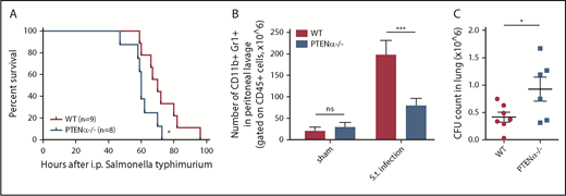 Figure 7. Disruption of PTENα impairs host immune defense against S typhimurium infection. (A) Mouse survival curves post–S typhimurium infection. WT mice (n = 9) and PTENα−/− mice (n = 8) were inoculated intraperitoneally with uniform amounts of bacteria. *P < .05, Mantel-Cox test. (B) Absolute number of neutrophils in elicited peritoneal cells with sham treatment or after intraperitoneal injection of S typhimurium (S.t.). BD Trucount Absolute count tubes were used to count absolute cell numbers. Data represent ≥6 mice derived from 3 independent experiments in each group (mean ± standard error of the mean). ***P < .001, 2-way repeated-measures ANOVA, followed by the Bonferroni post test. (C) Viable bacterial CFU in lungs of mice postinfection. Data are representative of 3 independent experiments with a total of 6 or 7 mice per group (mean ± standard error of the mean). *P < .05, 2-tailed unpaired Student t test. ns, not significant (P > .05).