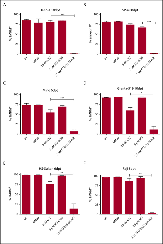 Figure 3. IDH2 inhibition increases sensitivity to CFZ in mantle cell lymphoma and Burkitt lymphoma cells. (A) JeKo-1, (B) SP-49, (C) Mino, (D) Granta-519, (E) HS-Sultan, and (F) Raji cells were left UT, treated with DMSO, CFZ, AGI-6780, or a combination of the 2 drugs. JeKo-1 cells were treated at time 0, 48 hours, and 96 hours with both drugs. SP-49 cells were treated at time 0 and 48 hours with both drugs and at 96 hours with AGI-6780. Mino cells were treated with both drugs at time 0 and with AGI-6780 at 48 and 96 hours. Granta-519 cells were treated at time 0 and 48 hours with both drugs and every 48 hours with AGI-6780. HS-Sultan cells were treated at time 0 with both drugs and every 48 hours with AGI-6780. Raji cells were treated at time 0 and 48 hours with both drugs and every 48 hours with AGI-6780. Cell viability was measured by TMRM or annexin V staining-flow cytometry at the indicated time points. Data are the means ± SD of 4 independent experiments (*P < .05; **P <. 01; ***P <. 001). dpt, days posttreatment.