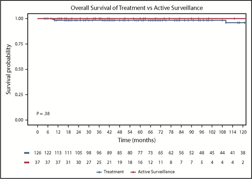 Figure 2. OS for treatment and active surveillance groups. OS curves by any other treatment (n = 126) vs active surveillance (n = 37).