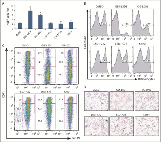 Figure 1. In vivo effects of LSD1 inhibition in SCD mice. (A) SCD mice were treated with GSK-LSD1, OG-L002, or LSD1-C12 at a concentration of 1 μg/g body weight per day, or LSD1-C76 (0.5 μg/g body weight per day), or S2101 (5 μg/g body weight per day) for 4 weeks. DMSO was injected as a negative control. Whole blood from SCD mice was stained with anti-human HbF antibody. Statistical analysis of the percentage of HbF-high cells (F cells) by flow cytometry averaged over all samples. Statistically significant differences between small chemical inhibitor-treated and control DMSO-treated SCD mice are indicated (*P < .05). Bar graph data are presented as the mean ± standard deviation, n = 3 mice per group. (B) The percentage of reticulocytes was measured by flow cytometry after thiazole orange staining of whole blood. The number shown above the horizontal bar in each box represents the mean fractional percentage of reticulocytes among the total cells in each group, n = 3 mice per group. (*P < .05 vs control DMSO-treated SCD mice). (C) Peripheral blood cells were stained with anti-mouse CD71 and Ter119 antibodies to assess the erythroid differentiation profiles of RBCs in chemical inhibitor–treated or control DMSO-treated SCD mice.23 Stained cells were sorted into 3 stages (I, immature; II, maturing; III, mature). The numbers in each rectangle represent the mean fractional percentages of cells at that developmental stage in each group, n = 3 mice per group. (D) Wright-Giemsa staining (oxidized eosin Y, methylene blue, and azure B; original magnification ×40) of peripheral blood smears of SCD mice after 4 weeks of treatment.