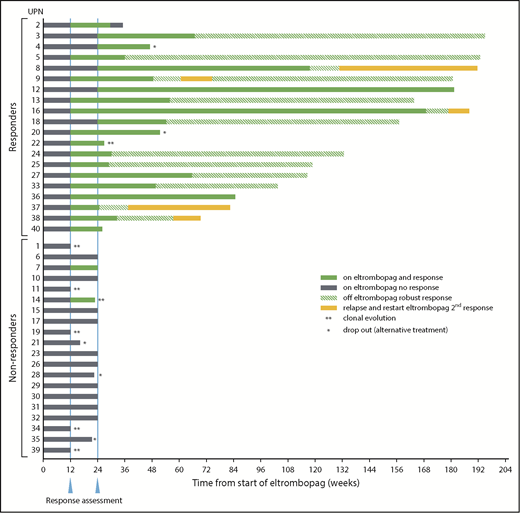 Figure 1. Response summary and timelines. Twenty of 40 patients on study 2 met primary response criteria at the defined end point of 24 weeks on EPAG (solid green bars after 24-week response assessment). Note that 5 patients achieved response only after the 12-week interim assessment (UPN3, UPN4, UPN8, UPN12, and UPN18; gray bars between first and second response assessments). UPN7 achieved response criteria at 12 weeks but not at the primary end point of 24 weeks. UPN14 reached response criteria at 12 weeks but was taken off study at that time point due to clonal evolution, and thus was a nonresponder at the primary end point of 24 weeks. Nineteen responders continued EPAG on the extension arm of the protocol. EPAG administration was stopped in 14 patients for robust response and one when blood cell counts appeared to reach a plateau (UPN16), with continuing response off EPAG designated by the green striped bars. The drug was restarted in 5 patients for declining blood cell counts off EPAG, and all responded a second time (UPN8, UPN9, UPN16, UPN37, and UPN38; solid yellow bars). *Off study for patient choice. **Off study for cytogenetic evolution.
