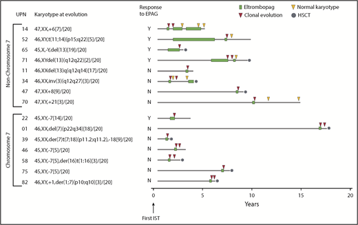 Figure 2. Clonal cytogenetic evolution. Results from all 83 patients treated with EPAG on both study 1 and study 2. Patients are grouped according to presence or absence of chr7 abnormalities. Timing of cytogenetic evolution is shown in relation to initial treatment with IST as well as EPAG treatment. Further details are given in supplemental Table 5. Cytogenetic evaluations after initial clonal progression were performed off-study and in some cases not at the study site. HSCT, hematopoietic stem cell transplantation.