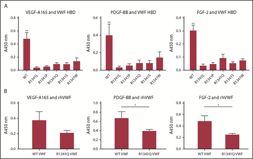 Figure 5. R1341 mutations observed in VWD type 2B patients impaires VWF-GF binding. (A) Binding of VEGF-A165, PDGF-BB, and FGF-2 to VWF A1 HBDs with R1341 substitutions. (n = 4; data are mean ± SD). (B) Binding of VEGF-A165, PDGF-BB, and FGF-2 to recombinant human VWF (rhVWF) with R1341Q substitution (n = 4; data are mean ± SD). ANOVA with (A) Tukey’s test and (B) Mann-Whitney U test. **P < .01; *P < .05.
