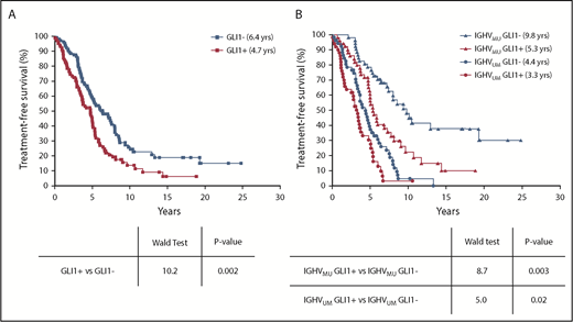 Figure 5. Relationship between GLI1 expression and TFS. (A) Kaplan-Meier curves depict the TFS probability over time for GLI1+ (red squares) or GLI1– (blue squares) CLL (N = 210). (B) Kaplan-Meier curves depict the TFS probability over time for IGHVUM GLI1+ (red circles), IGHVUM GLI1– (blue circles), IGHVMU GLI1+ (red triangles), or IGHVMU GLI1– (blue triangles) subgroups of all patients with CLL and known IGHV status for whom GLI1 expression was evaluated (N = 206).