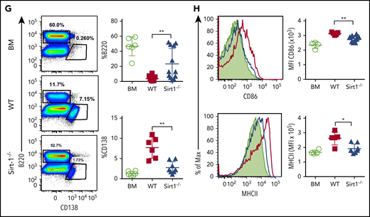 Sirt-1 modulates T- and B-cell activation in cGVHD. Lethally irradiated (700 cGy) BALB/c mice underwent transplantation with 5 × 106 TCD-BM alone or plus 5 × 105 CD25− splenocytes per mouse isolated from WT or Sirt-1−/− donors. (A) Body weight loss. (B) cGVHD clinical and (C) pathology scores. (D) Representative pictures of skin and large intestine biopsies stained with hematoxylin and eosin (original magnification ×200). (E) Foxp3 expression on gated donor CD4 in spleen and frequency of follicular Treg cells (Foxp3+CXCR5+PD-1+) and Tfh (Foxp3−CXCR5+PD-1+) were determined on day 60. (F) IFN-γ expression was shown on gated donor CD4 and CD8 T cells. (G) Splenic B cells were analyzed for B220+, B220−CD138+, and (H) activation markers, CD86 and MHCII. Data were combined from 2 independent experiments (n = 6-10 mice/group). Log-rank (Mantel-Cox) test was used to analyze body weight, and Student t test was used for statistical analysis. *P < .05; **P < .01; ***P < .001; ****P < .0001.
