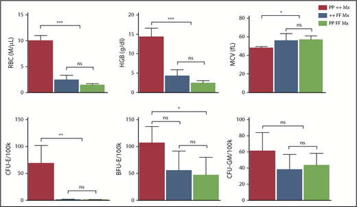 Figure 6. Erythroid failure caused by excess heme is independent of p53. Peripheral blood analysis of RBC, HGB, MCV, and marrow colony assays of CFU-E, BFU-E, or CFU-GM from control Trp53-null (PP ++ Mx, N = 5), Flvcr1-deleted (++ FF Mx, N = 4), or double-mutant (PP FF Mx, N = 4) mice. There was no improvement in any erythroid parameter in mice lacking both p53 and FLVCR1 compared with those only lacking FLVCR1. Analysis of 130 embryos from Flvcr1:Trp53 double-mutant breeding did not reveal any double Flvcr1-null Trp53-null embryos, whereas Trp53-null embryos were present at the expected frequency. Flvcr1-null embryos die because of failed erythropoiesis,14 and this further demonstrates that erythroid failure in mice lacking FLVCR is independent of p53. Data are presented as mean values ± SD. Differences relative to wild-type control (PP ++ Mx) mice were evaluated by 1-way ANOVA with the post hoc Tukey’s test. *P ≤ .05; **P ≤ .01; ***P ≤ .001.