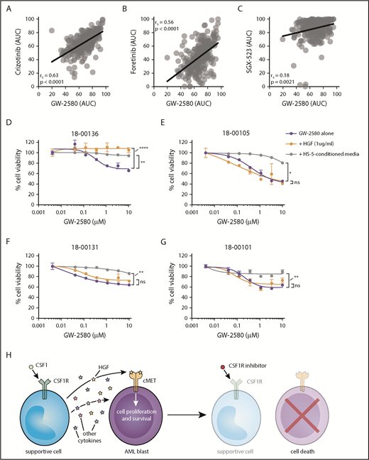 Figure 5. Sensitivity to CSF1R inhibitors correlates with MET inhibitor sensitivity and is eliminated after external cytokine stimulation. (A-C) Strong correlation in primary AML patient samples (n = 315) between GW-2580 sensitivity and sensitivity to 3 MET inhibitors: (A) crizotinib, (B) foretinib, and (C) SGX-523. Significance determined by Spearman rank correlation. (D-G) GW-2580 dose-response curves for 4 primary AML patient samples treated with recombinant HGF (1 µg/mL), HS-5–conditioned media, or untreated. Error bars represent mean plus or minus the standard error of the mean (n = 4 replicates); nonlinear curve fitting conducted using least squares regression. Significance determined by 1-way analysis of variance on the area under each curve with the Dunn test for multiple comparisons. (H) Model of CSF1R inhibitor sensitivity in primary AML patient samples resulting from paracrine secretion of cytokines by CSF1R-expressing supportive cells.