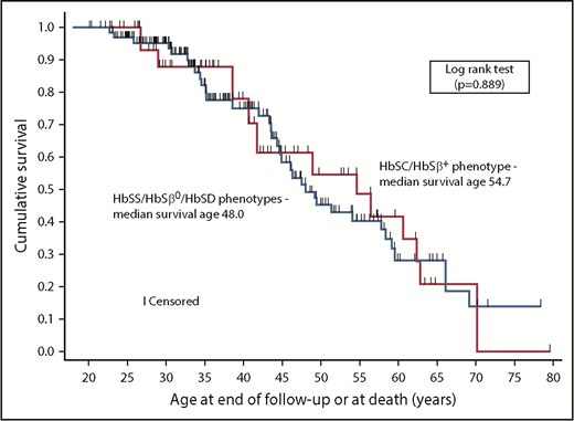 Figure 1. Kaplan-Meier curves depicting survival of adults with SCD. Median survival was 48.0 years (95% CI, 44.4-58.4) for individuals with the HbSS/HbSβ0/HbSD phenotypes (n = 225) and 54.7 years (95% CI, 38.6-62.9) for individuals with the HbSC/HbSβ+ phenotypes (n = 75).