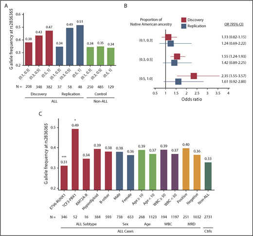Figure 2. The frequency and effect sizes of the ERG risk allele and ALL features. Risk allele frequency (A) and OR (B) of rs2836365 were estimated for Hispanics with increasing levels of Native American genetic ancestry (10%-30%, 30%-50%, and 50%-100%). In the Forest plot (B), bars indicate 95% confidence intervals (CIs) and the gray vertical line indicates OR of 1. OR was estimated by logistical regression test. (C) Risk allele frequency of ERG SNP rs2836365 and ALL features. The analysis was restricted to the Hispanic Americans and EAs in the COG P9904/9905/9906 cohort because it represents a largely unselected and nationwide patient population. Variant frequency was indicated for ALL molecular subtype, sex, age at diagnosis, presenting white blood cell (WBC; 109 cell/L) count, and MRD at the end of remission induction. Logistic regression test with rs2836365 genotype adjusting for genetic ancestry (eg, ALL with vs without ETV6-RUNX1); *P < .05; ***P < .0005. Ctrls, controls; KMT2A-R, KMT2A rearrangement; MRD, minimal residual disease (at the end of induction therapy on day 29).