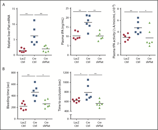 Figure 3. Silencing of hepatocyte Plat mRNA in HC-DACH1–KO mice decreases liver tPA, plasma tPA, and systemic fibrinolytic activity. Liver Plat mRNA and plasma tPA protein concentration and activity (A) and tail bleeding time and time to occlusive carotid arterial thrombosis induced by photochemical injury (B) in Dach1fl/fl mice administrated LacZ or Cre as in Figure 1, together with control AAV8-H1 virus (Ctrl) or AAV8-H1-shPlat. Horizontal lines indicate mean values. *P < .05, **P < .01, 1-way analysis of variance, followed by the Tukey test (n = 6 mice per each group).