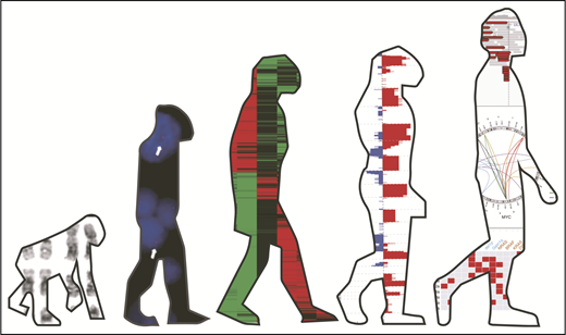 Figure 1. Evolution of molecular analysis techniques in myeloma. Images from left to right show G-band karyotyping, FISH, GEP data, SNP array data, and NGS data. Karyotype images were reprinted from Panagopoulos et al.88 FISH images were reprinted from Fernando et al.89 GEP images were reprinted from André et al.90 SNP array and NGS images were reprinted from Bolli et al.91