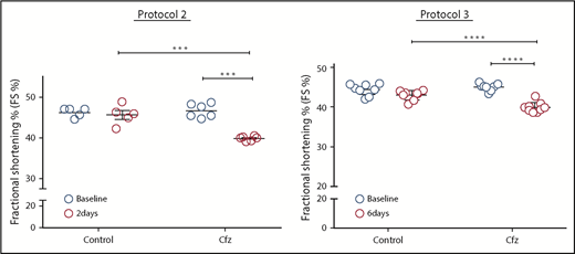 This figure demonstrates evidence of significant fractional shortening in all mice receiving Cfz without much variability. In protocol 2, the Cfz dose was equivalent to a human dose of 14.85 mg/m2 and was given for 2 days. In protocol 3, the Cfz dose was equivalent to a human dose of 29.65 mg/m2 given every other day for 4 doses. ***P = .001, ****P < .001. The figure was adapted from Figure 1E-F in the article by Efentakis et al that begins on page 710.