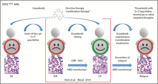 IDH2 mutant R/R AML responds to enasidenib monotherapy inducing a CR in ∼20% of patients. Measurable residual disease (MRD) monitoring will be helpful in predicting treatment response because response may occur as late as after the sixth cycle. Using enasidenib in first-line therapy or in combination with other therapies might further improve outcome and avoid resistance. These strategies will be further evaluated in ongoing studies, including maintenance therapy. Dx, diagnosis; “3+7,” standard chemotherapy with anthracycline and cytarabine. Bone marrow morphology images adapted from Stein et al.5