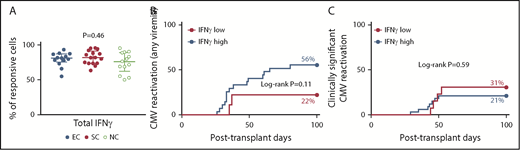 Figure 3. IFN-γ production does not discriminate between HCT patients with different CMV outcomes. (A) Proportion of IFN-γ–producing cells within the CMV(pp65)-responsive CD8+ T-cell pool across groups. T-cell responses were measured on day +30. Medians (81%, 82%, and 77% for EC, SC, and NC, respectively) with IQR are shown for each group. P value corresponds to comparison between groups by using Kruskal-Wallis test. Similarly, no statistical differences between groups by using Mann-Whitney U test (not shown). EC (n = 13); SC (n = 16); NC (n = 13). (B) The 100-day cumulative incidence of CMV reactivation (any DNAemia) by levels of IFN-γ using 69% as cutoff. Number of subjects in log-rank analysis was 9 and 27 for IFN-γ low and high, respectively. (C) The 100-day cumulative incidence of clinically significant CMV by levels of IFN-γ using 72% as cutoff. Number of subjects in log-rank analysis was 13 and 33 for IFN-γ low and high, respectively. Specific cutoffs were identified using the most significant P value approach.