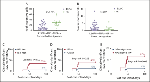 Figure 6. Functional signatures are associated with risk of clinically significant CMV. (A) The skewed distribution of the NPS (IL-2−IFN-γ+TNF-α-ΜIP-1β+ cells within the CMV(pp65)-specific CD8+ T-cell compartment) in patients with clinically significant CMV. (B) A trend toward reduced levels of the PS (IL-2+IFN-γ+TNF-α+MIP-1β+ cells) in patients with clinically significant CMV. (A-B) Immunophenotyping was performed on day +30. Medians with IQR are shown for each group. Differences between groups by using Mann-Whitney U test are shown. EC (n = 13); SC (n = 16); NC (n = 13). (C-E) Cumulative incidence of clinically significant CMV by levels of NPS using 16% as cutoff (C); by levels of PS using 0.45 as cutoff (D); and by a composite biomarker consisting of high levels of NPS and low levels of PS using above cutoffs (E). Specific cutoffs were identified using the most significant P value approach. Number of subjects in log-rank analysis shown in panel C was 19 and 17 for low and high NPS groups, respectively. Number of subjects in log-rank analysis shown in panel D was 10 and 26 for low and high PS groups, respectively. Number of subjects in log-rank analysis in panel E was 6 and 30 for composite biomarker and other signatures, respectively. Note increased cumulative incidence of clinically significant CMV infection in patients with high levels of the NPS, low levels of PS, and those with the composite biomarker.