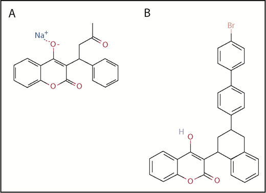 Figure 1. Two-dimensional chemical structures of warfarin and brodifacoum. Structures of warfarin (A), a 4-hydroxycoumarin, and brodifacoum (B), which also carries a 4-hydroxycoumarin ring system like warfarin but has a substituted tetrahydronaphthyl side chain in the terminal methyl group. Adapted from the National Center for Biotechnology Information, PubChem Compound Database.40,41