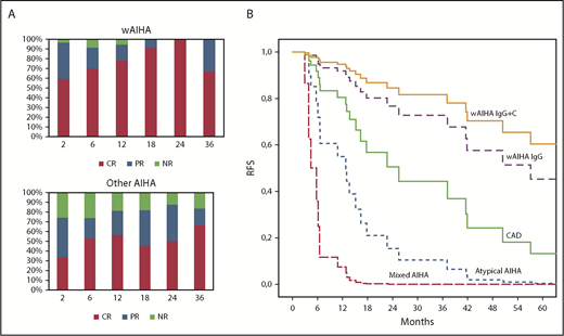 Figure 1. Response rate and RFS according to AIHA type. (A) Response rates in wAIHA and in all other forms (time cutoff, month +36). (B) RFS according to Cox regression model (timeline cutoff, month +60; n = 25). NR, no response; PR, partial response; wAIHA IgG, wAIHA direct antiglobulin test result positive for IgG only; wAIHA IgG+C, wAIHA direct antiglobulin test result positive for IgG and low-titer C.