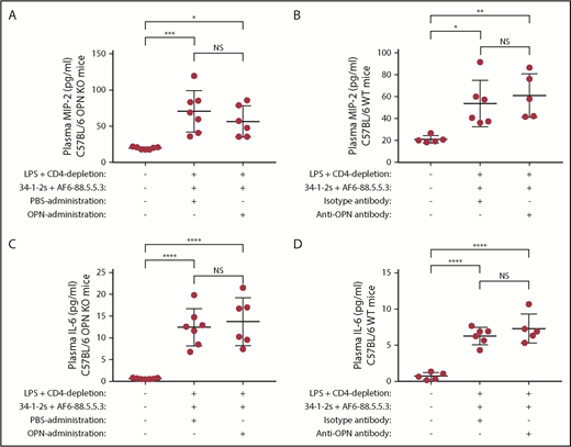 Figure 7. Plasma MIP-2 or IL-6 levels do not change upon OPN-mediated TRALI induction or prevention. Plasma MIP-2 levels (A-B) or IL-6 levels (C-D) in C57BL/6 OPN KO (A,C) or C57BL/6 WT mice (B,D) primed with LPS, depleted of CD4+ T cells and injected with anti-MHC class I antibodies (clones 34-1-2s and AF6-88.5.5.3) and either with PBS or OPN (A,C) or isotype control antibody or anti-OPN antibody (B,D). For statistical analyses, only significant comparisons of interest are shown. Statistical analysis was performed with 1-way ANOVA with a Tukey post hoc test. Each dot represents 1 mouse, and error bars represent SD. *P < .05, **P < .01, ***P < .001, ****P < .0001.