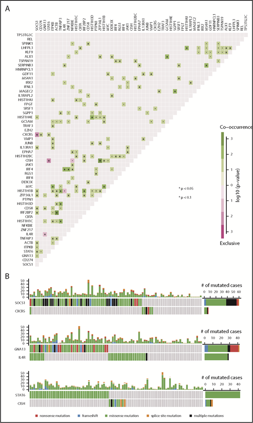 Figure 2. Mutational patterns and correlation of genetic alterations in PMBL. (A) Statistically significant mutual exclusivity or co-occurrence among the identified PMBL driver genes using pairwise Fisher’s exact test (multiple testing correction was performed according to the Benjamini-Hochberg method). (B) Highly significant examples of mutual exclusivity (SOCS1 and CXCR5, GNA13 and IL4R, STAT6 and CISH) are shown as pairwise comparisons. Each column represents a case, and mutated cases are highlighted in colors indicating specific mutation types as specified in the key. Absolute numbers of mutated cases are provided on the right, and the frequency plot on top of each subpanel provides the number of mutations in driver genes per case.