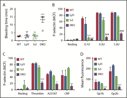 Figure 5. Platelet function tests of single-KO and DKO mice. (A) Tail bleeding times of mice. Mean ± SEM shown for 5 mice per genotype. Analyzed using two-way ANOVA with Tukey’s correction. (B) Surface platelet expression of P-selectin after stimulation with varying concentrations of thrombin. (C) Surface platelet expression of P-selectin after stimulation with thrombin, calcium ionophore (A23187), and collagen-reactive peptide (CRP). (D) Surface expression of glycoprotein 1b-α (Gp1ba) and glycoprotein 2b (Gp2b) on resting platelets. Mean ± SEM for 3 mice per genotype. **P < .001 compared with WT; ***P < .0001 compared with WT mice; ###P < .0001 compared with Pf4Sclc-KO. MCF, mean cell fluorescence.
