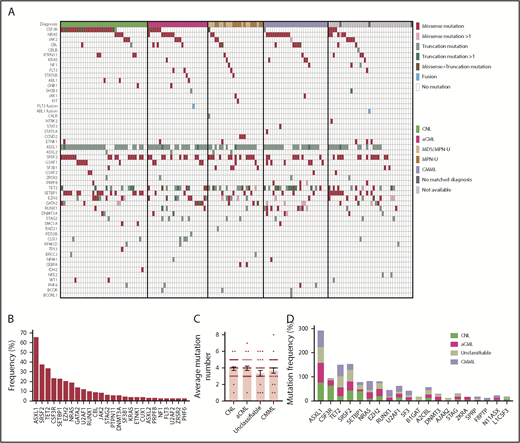 Figure 1. Genomic landscape of CNL/aCML/unclassifiable/CMML. (A) The mosaic plot depicts distributions of recurrent gene mutations in 158 patients. Each column displays each patient, and each row denotes a specific gene. Variant types are color coded as indicated. (B) The graph depicts frequencies of recurrent gene mutations in this cohort of CNL/aCML/unclassifiable/CMML patients. (C) The graph depicts the mean ± SEM of the number of mutations in different diagnostic groups. Statistical analysis was performed using a 1-way ANOVA. (D) The graph depicts the frequencies of recurrently mutated genes in different diagnostic groups. Statistical analysis was performed using a contingency table χ2 test followed by the Bonferroni correction and expressed as P < .0001.